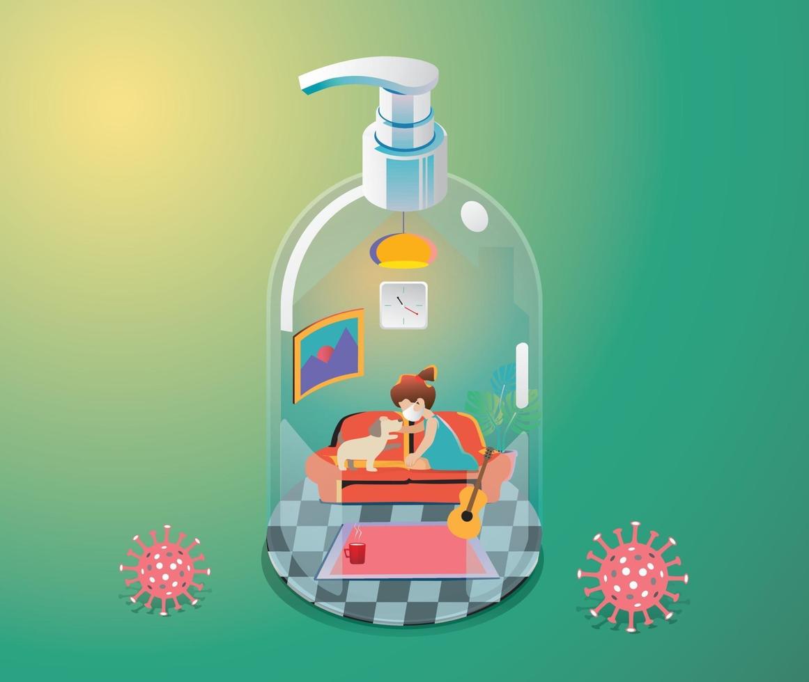 Staying at Home, Quarantine concept. Coronavirus, a girl wears a mask with dog her hands to touch it in a house transform to gel alcohol bottle on green background with many viruses surrounded. Vector