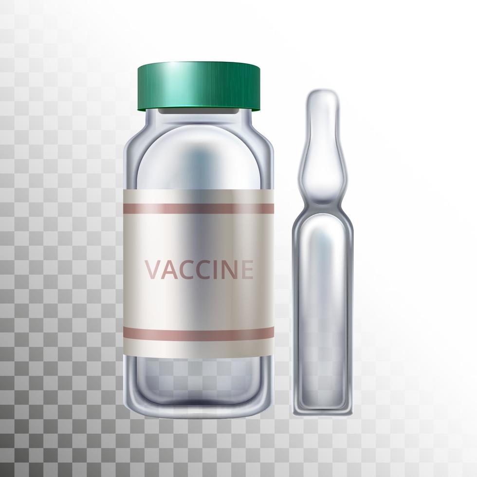 conjunto de ampollas transparentes de vidrio realistas con medicamento o vacuna. Ilustración de vector médico 3d