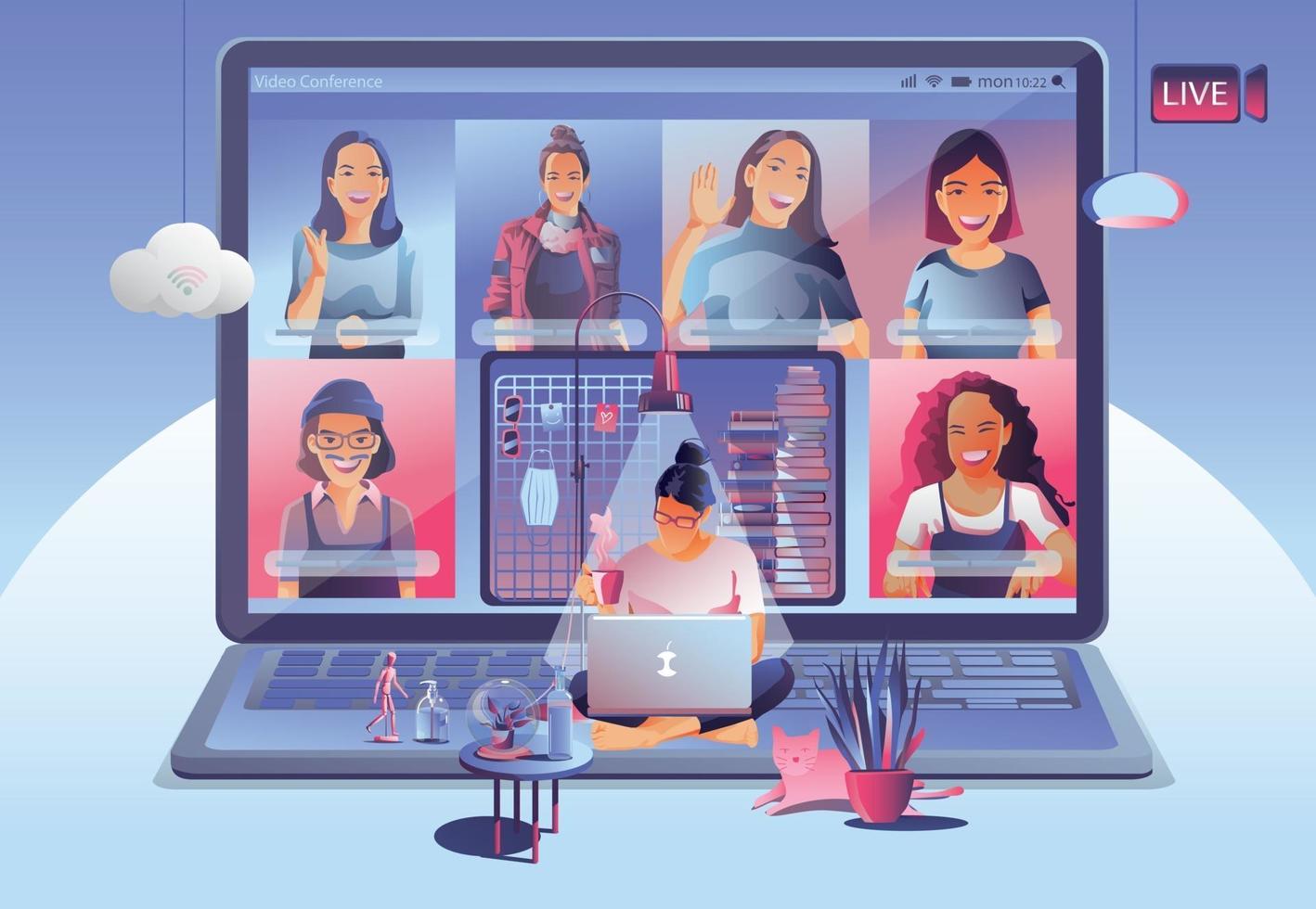 Video conference landing. People on computer screen taking with colleagues. Videoconferencing and online meeting workspace vector page man and woman. self-quarantine to prevent from COVID -19 vector