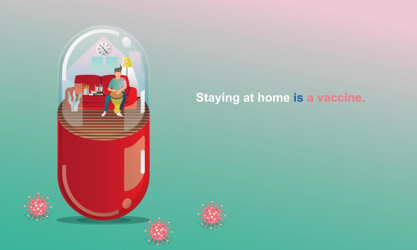 Social Distancing and Stay home concept. Quarantine, People keeping distance for infection risk and disease. man playing music, Like in a Capsule. Fun home staying. Coronavirus self-isolation.Vector vector