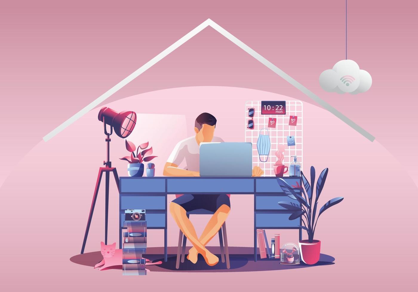 trabajar desde el concepto de hogar, autónomos jóvenes que trabajan en computadoras portátiles en casa. personas en casa en cuarentena. Vista posterior de fondo rosa, quedarse en casa ilustración vectorial. personaje de diseño plano vector