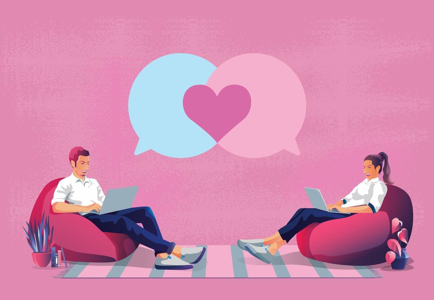 pareja joven enviando mensajes de amor en forma de corazón el día de san valentín este romántico y lindo tono rosa se ve bien para decir amor, usar la ilustración de diseño plano de vector de pantalla de teléfono inteligente o dispositivo.