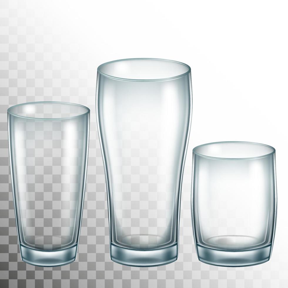 Ilustración realista de vector 3D de vasos de vidrio para agua o bebidas.