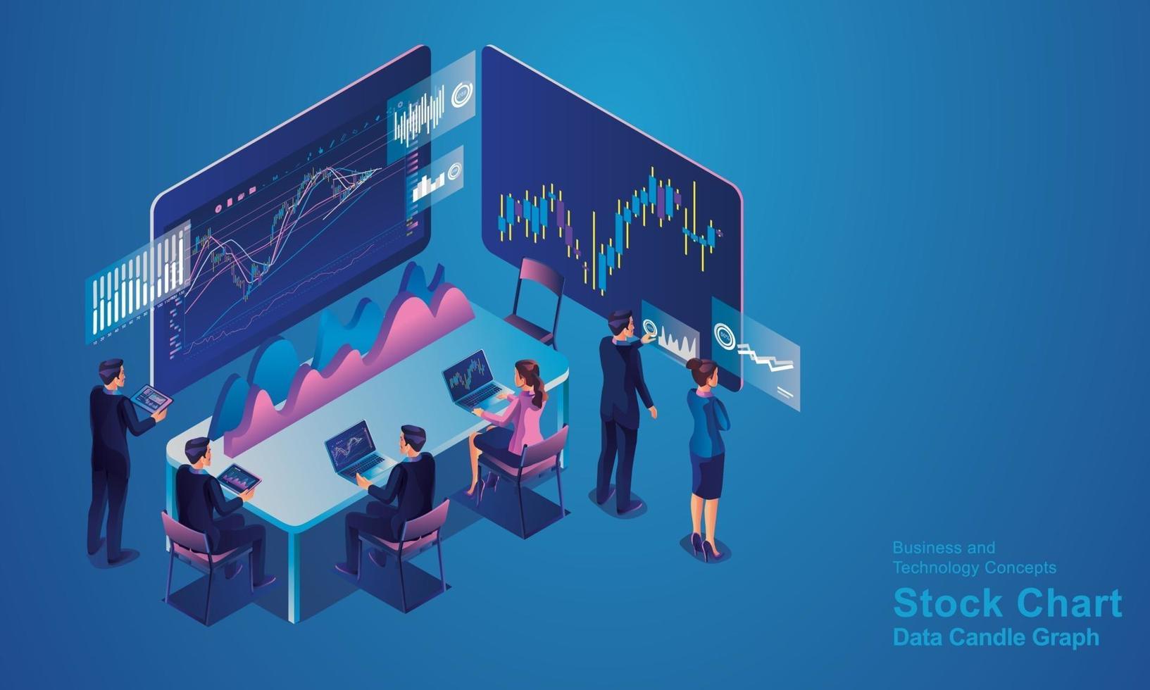 Programador isométrico que trabaja en la oficina de una empresa de desarrollo de software o un empresario que negocia acciones. el operador de bolsa está mirando gráficos, índices y números en múltiples pantallas de computadora virtuales vector