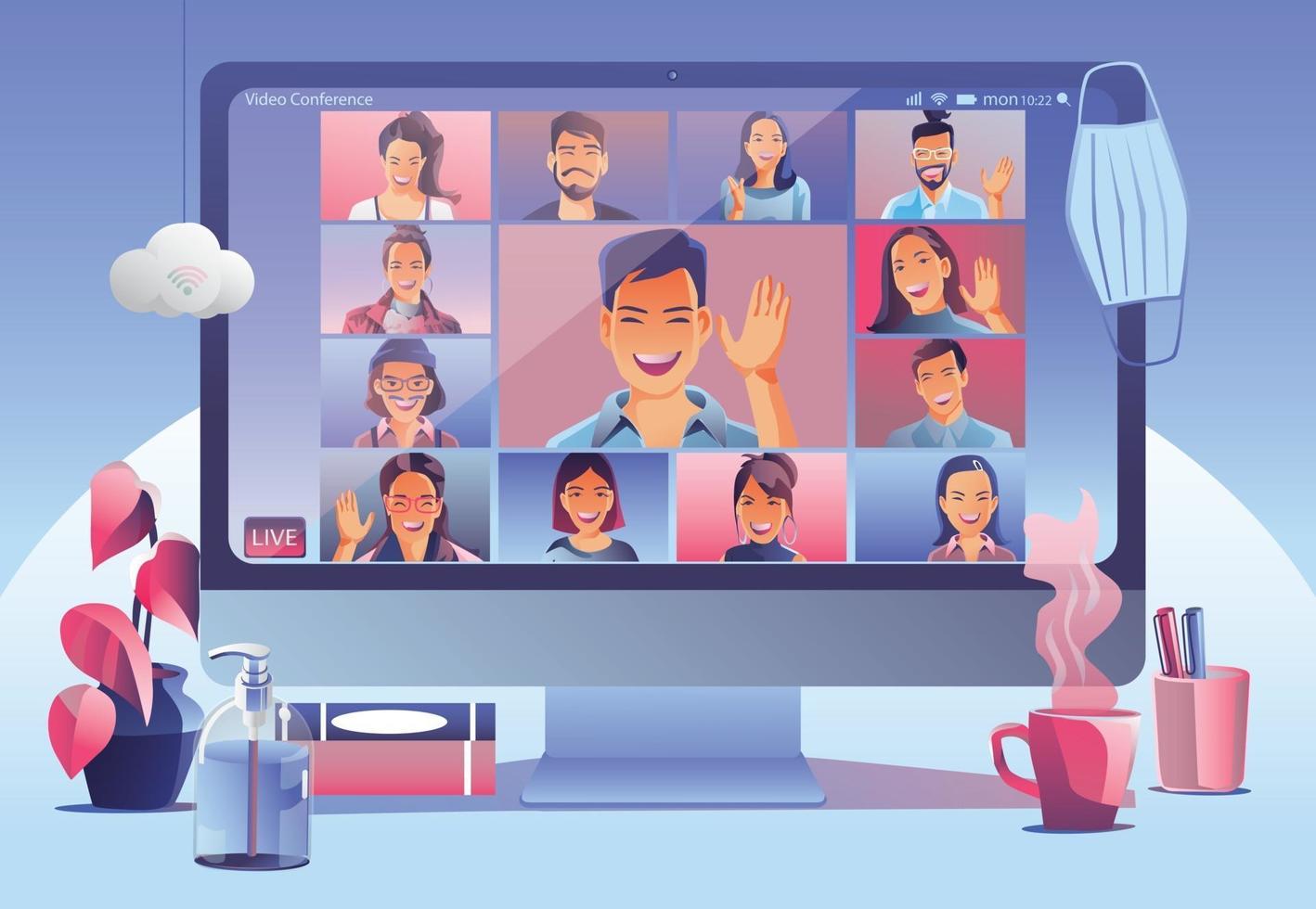 Video conference landing. People on computer screen taking with colleagues. Videoconferencing and online meeting workspace vector page man and woman. self-quarantine to prevent from COVID -19 vector