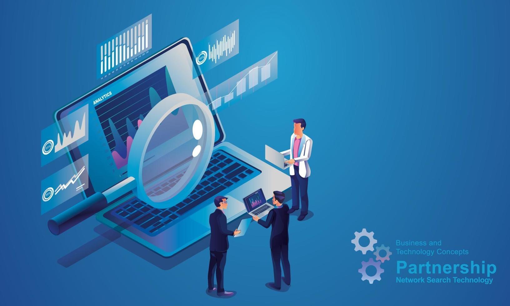 Internet network search technology, business people use the magnifying glass to search on laptops, Data analytics for marketing solutions, or financial performance. statistics concept.design isometric vector