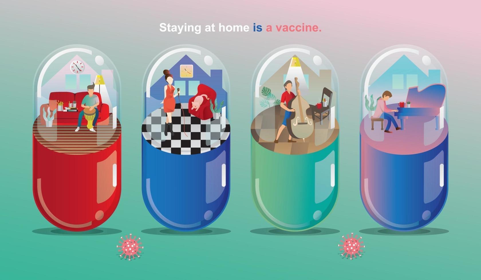 Social Distancing and Stay home concept. Musicians playing a musical instrument. working, People at home in quarantine and enjoy it. Fun home staying. Corona-virus self-isolation.Vector illustration vector