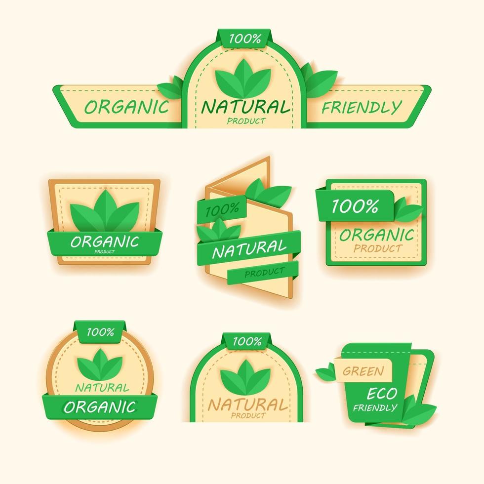 Iconos o etiquetas de alimentos saludables, etiquetas orgánicas, elementos de productos naturales, menú vegetariano con logo, emblema vegano, producto de naturaleza fresca, ilustración vectorial vector