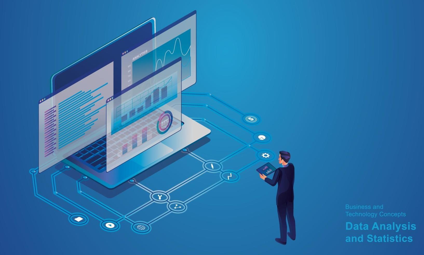 Data Analysis and Statistics concept. Isometric programmer working in a software development company office Creative providers on virtual computer screens for marketing solutions Flat Design vector