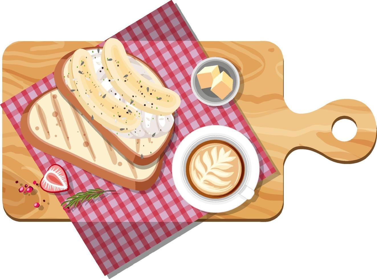 Top view of bread and coffee cup on a cutting board vector
