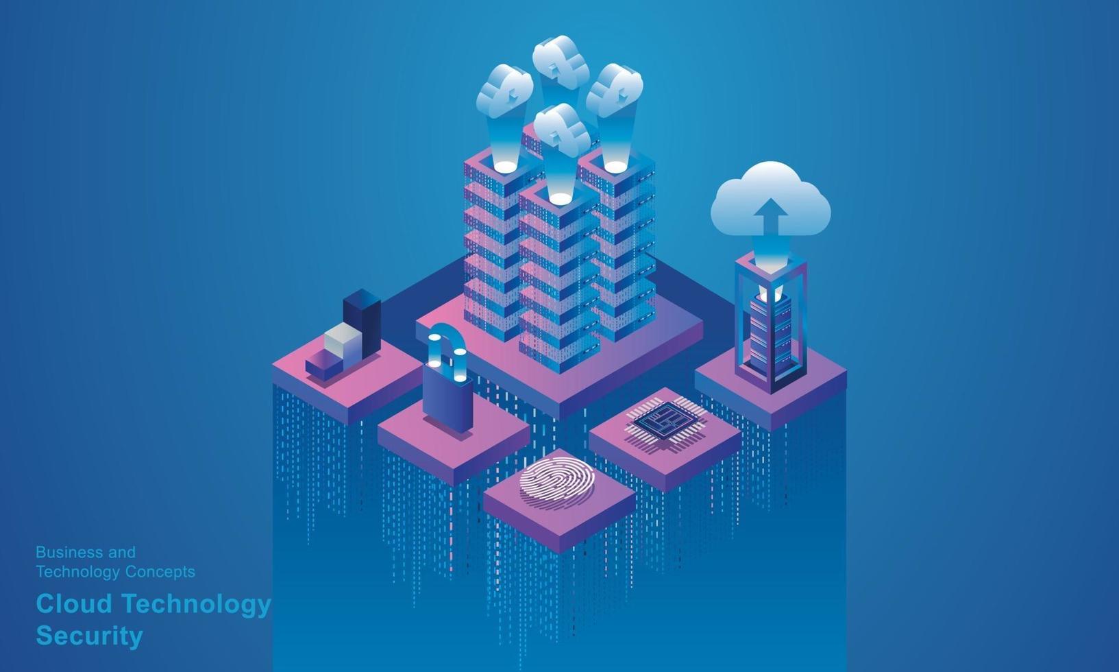 tecnología informática sala de servidores dispositivo digital concepto isométrico almacenamiento en la nube comunicación con la red dispositivos en línea cargas descargar datos de información en una base de datos en vector de servicios en la nube