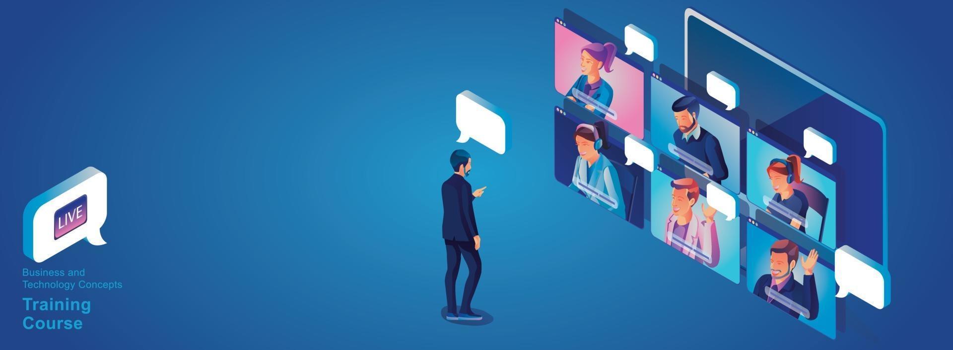 Los hombres de negocios usan videoconferencia que trabajan en la vista superior de la gente en la pantalla de la ventana con sus colegas trabajo remoto videoconferencia y reunión en línea espacio de trabajo página hombre mujer aprendizaje vector