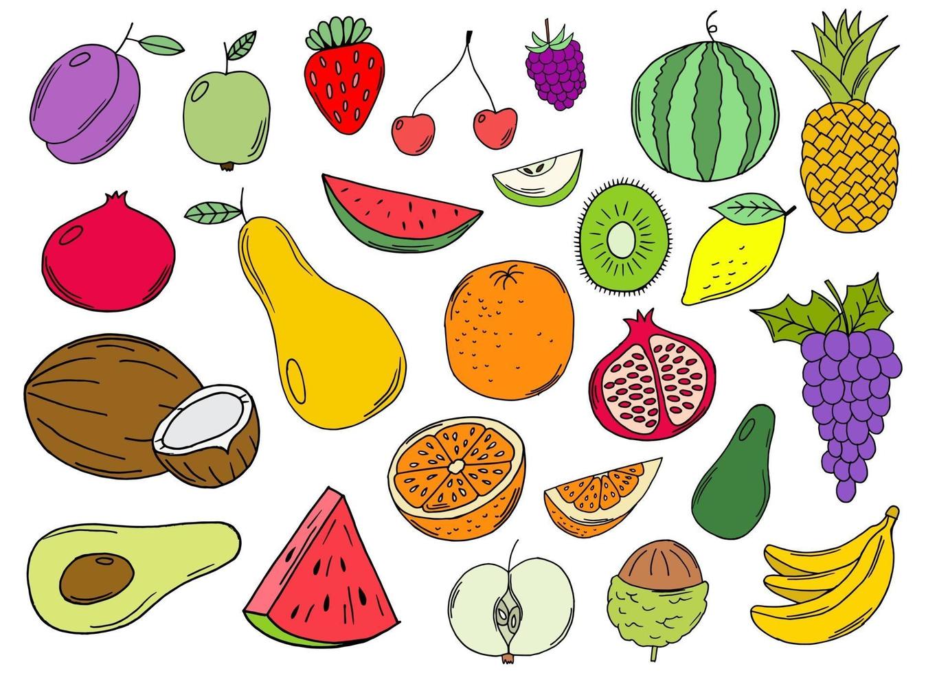 Ilustración de diseño de vector de colección de frutas dibujadas a mano aislado sobre fondo