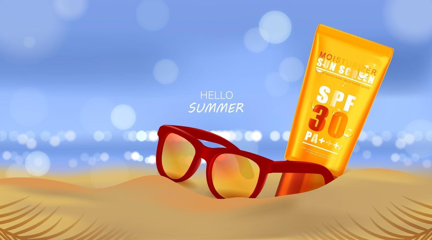 Summer beach and sea sunlight, Sunscreen cream and Sunglasses on beach background in 3d illustration vector