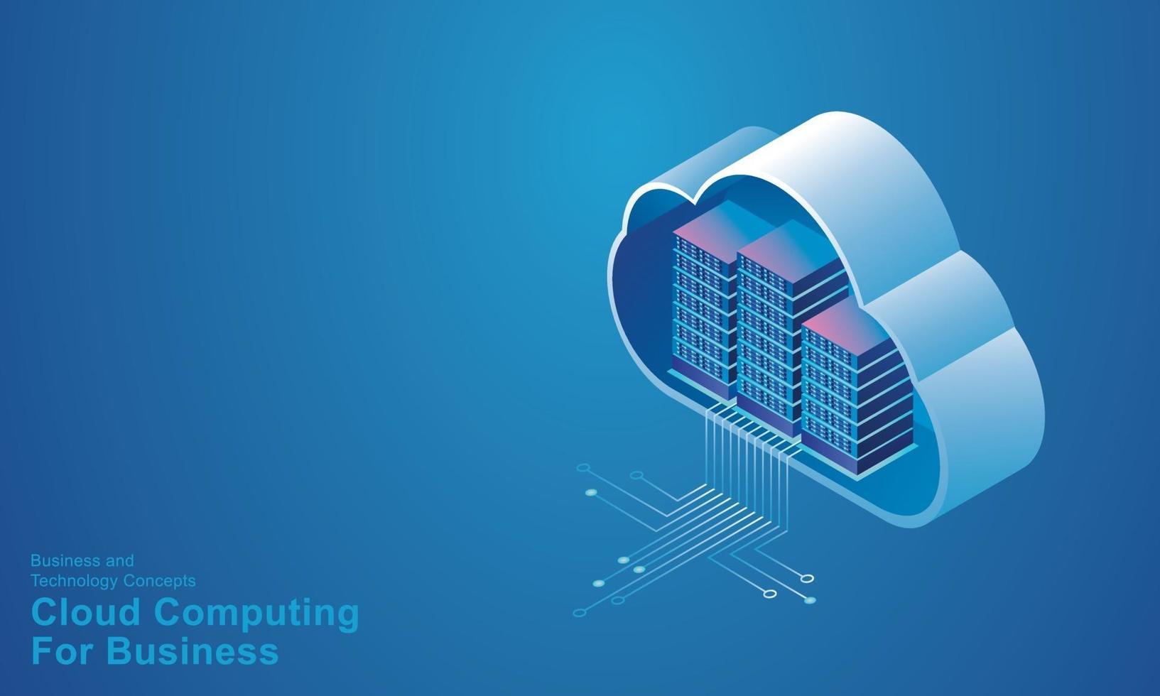 Computer technology server room digital device Isometric concept Cloud storage communication with the network Online devices uploads download information data in a database on cloud services vector