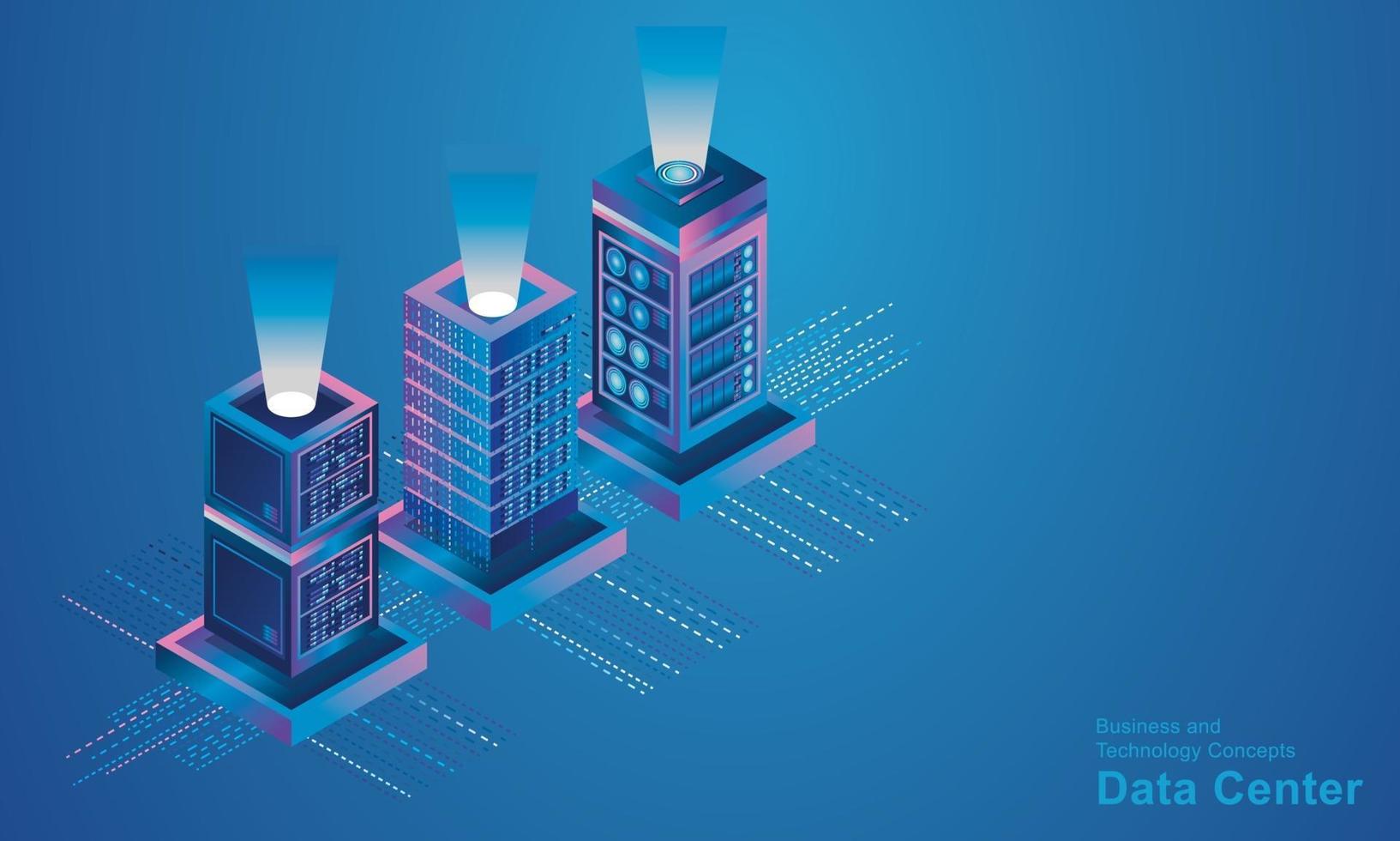 tecnología informática sala de servidores dispositivo digital concepto isométrico almacenamiento en la nube comunicación con la red dispositivos en línea cargas descargar datos de información en una base de datos en vector de servicios en la nube