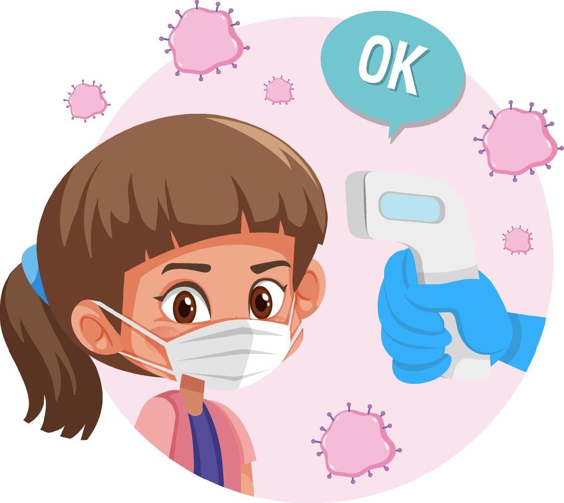 Body temperature checking with a girl wearing mask vector