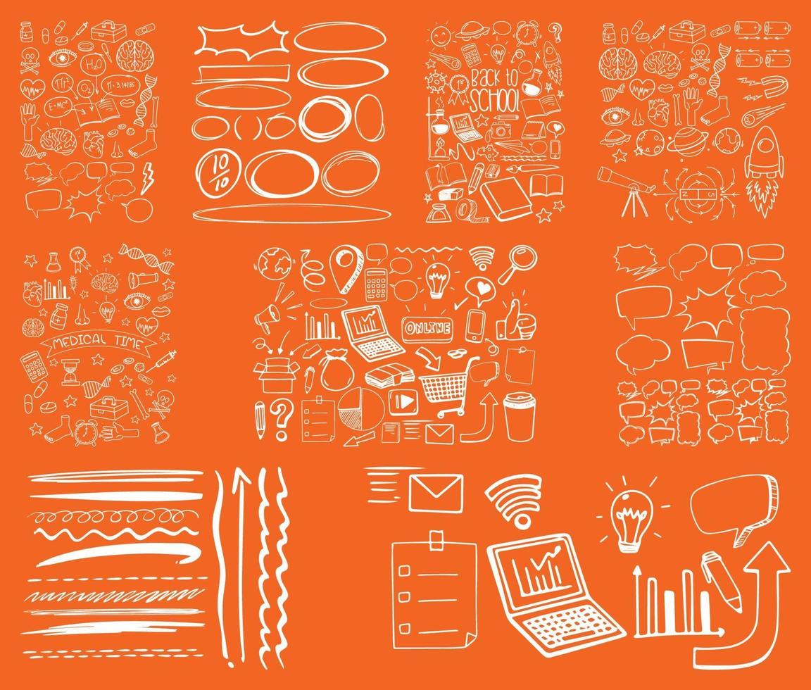 Set of object and symbol hand drawn doodle on orange background vector