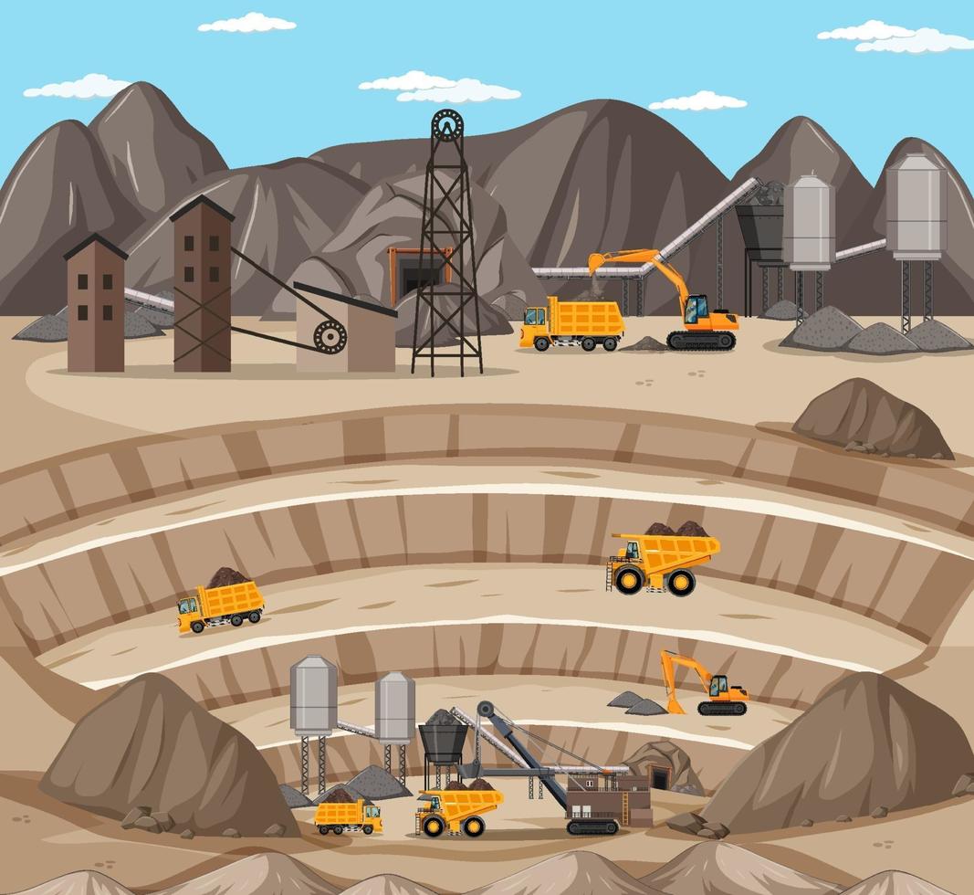 Landscape of coal mining scene with crane and trucks vector