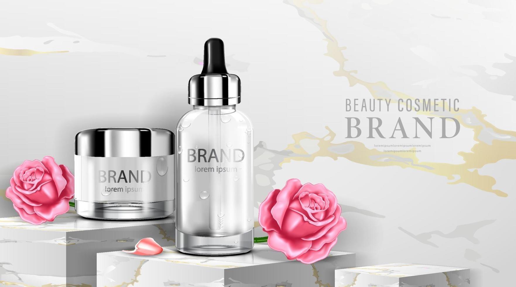 paquete de botella cosmética de lujo crema para el cuidado de la piel, cartel cosmético de belleza, producto y fondo de mármol, ilustración vectorial vector