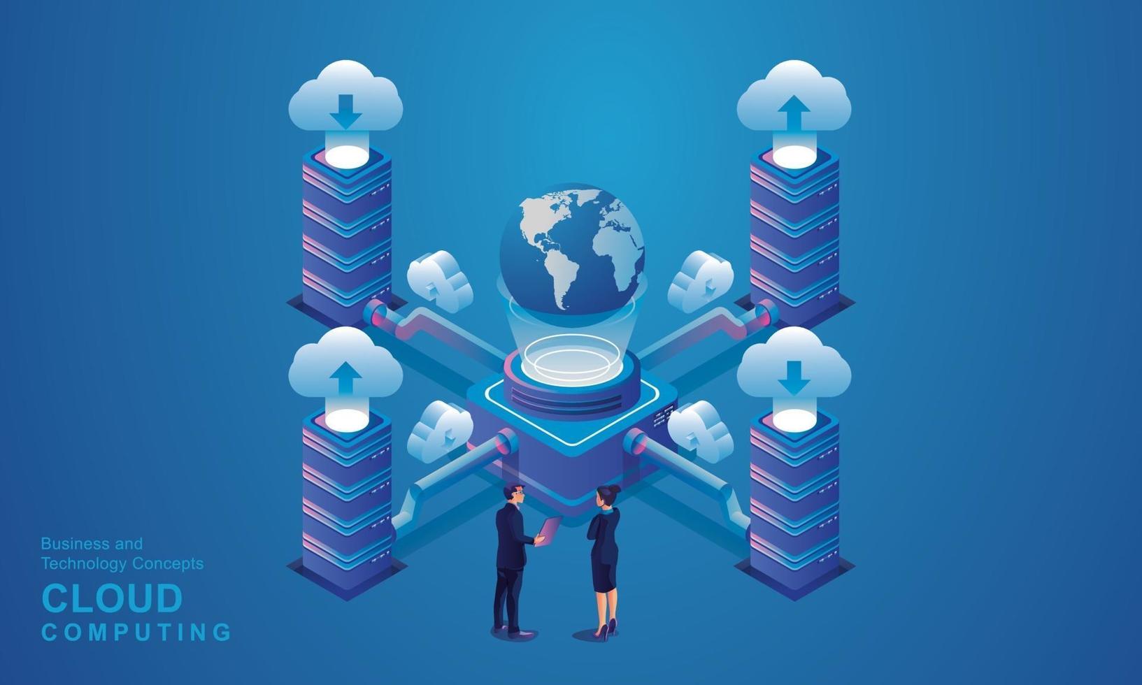 Computer technology server room digital device Isometric concept Cloud storage communication with the network Online devices uploads download information data in a database on cloud services vector