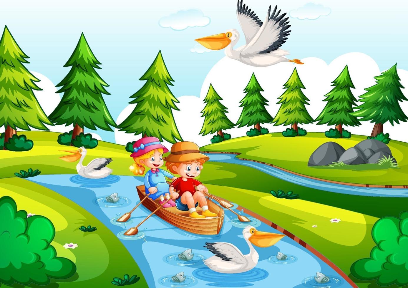 Two children row the boat in the river park scene vector