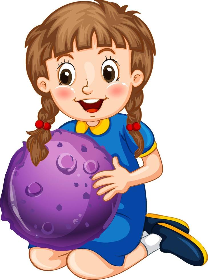 personaje de dibujos animados de niña feliz sosteniendo un modelo de planeta vector