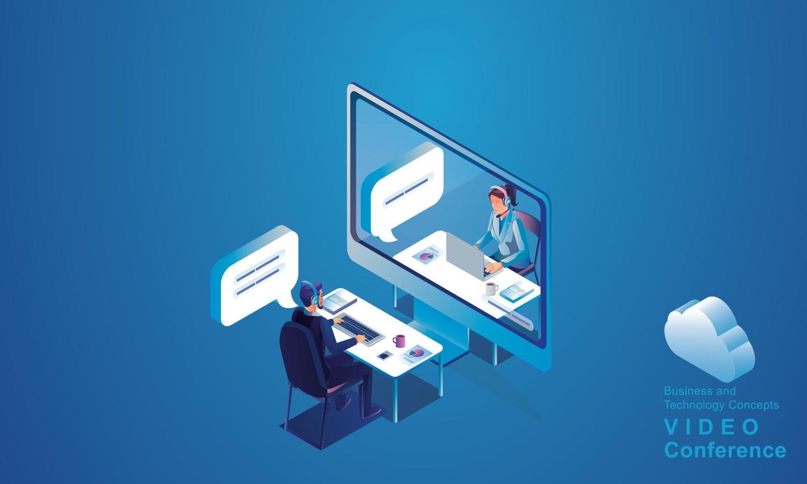 Businessmen use Video conference landing Working top view People on window screen taking with colleagues. remote working Videoconferencing and online meeting workspace page man woman learning Vector