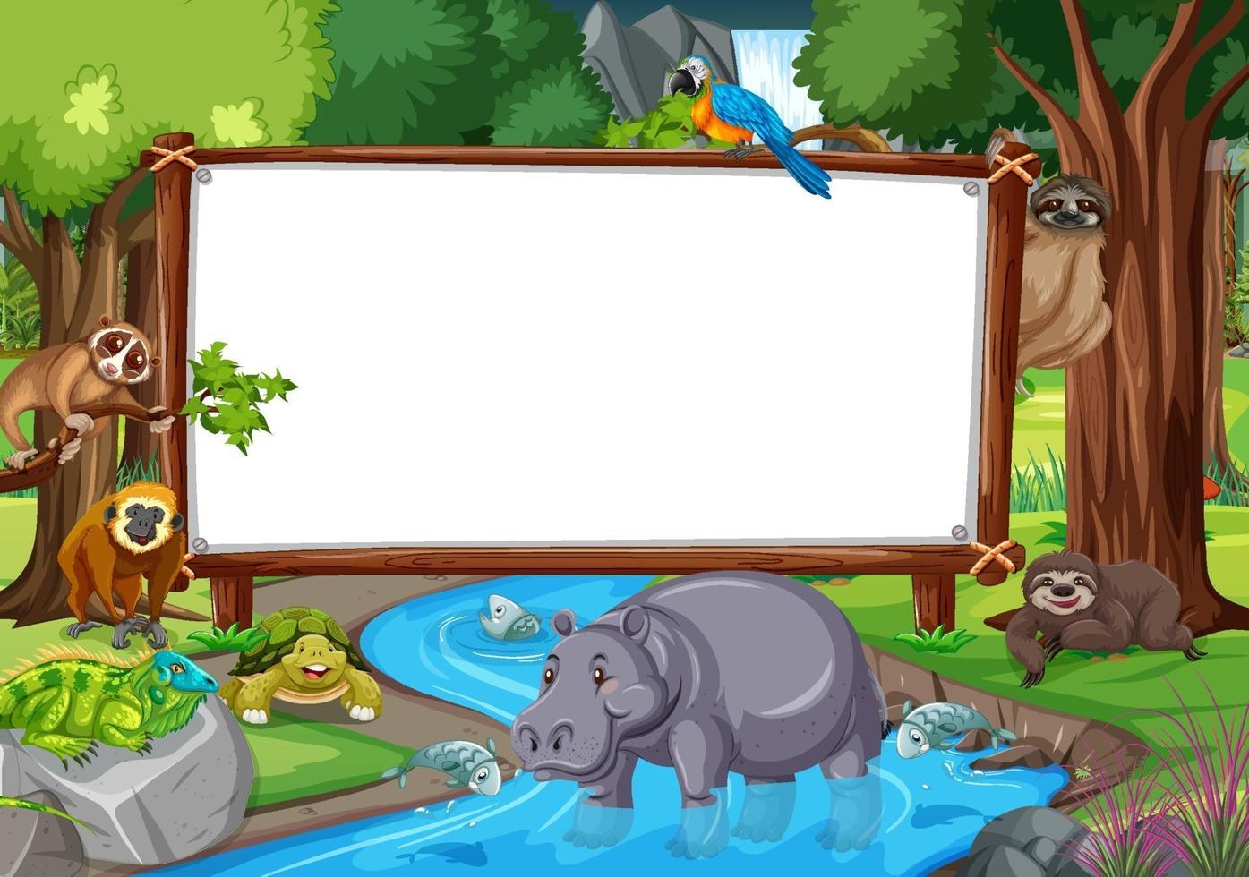 Blank banner in the rainforest scene with wild animals vector