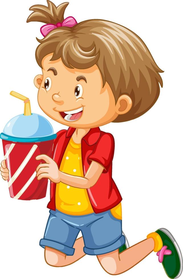 Happy girl cartoon character holding a drink plastic cup vector