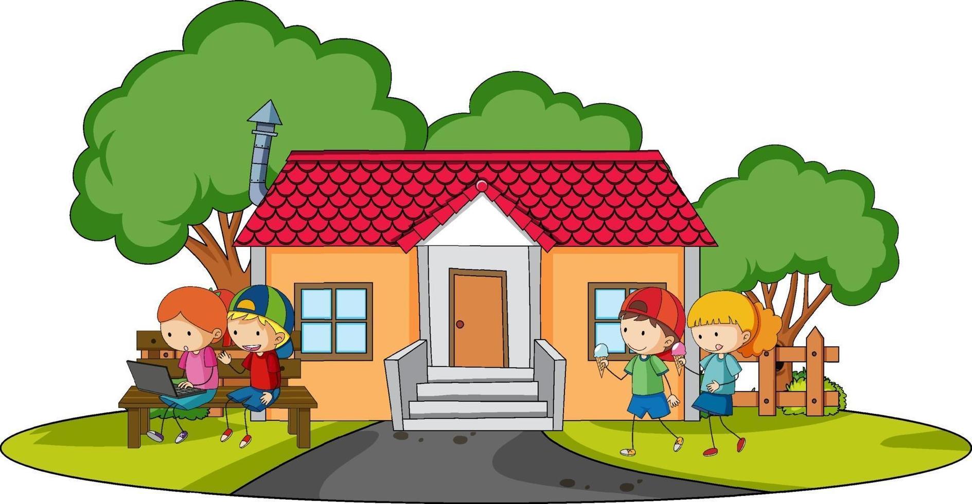 Front view of a house with many kids on white background vector