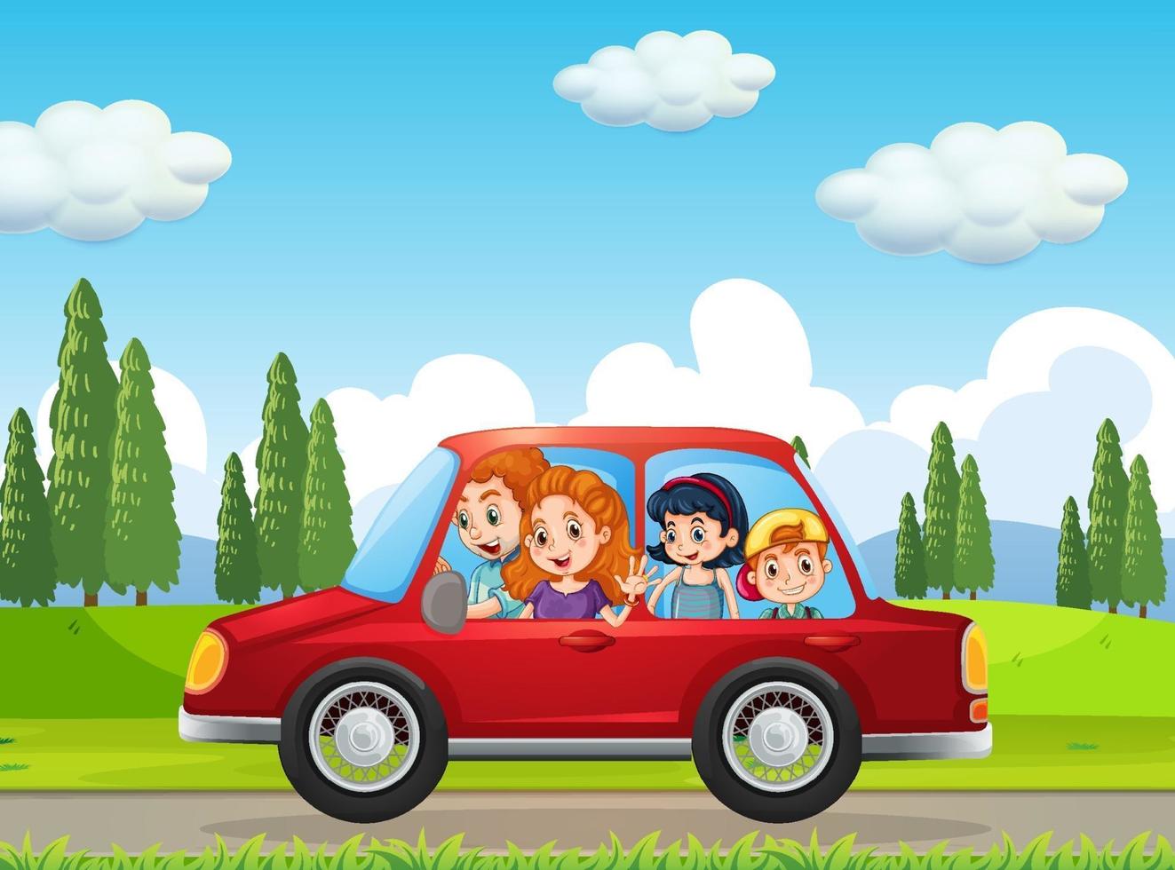 familia feliz viajando en la escena de la naturaleza en coche rojo vector