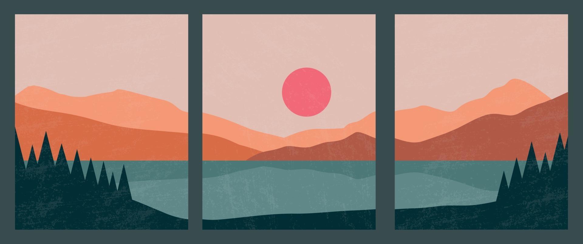 Abstract contemporary landscape posters. Modern boho background set with lake, river,sun, moon, mountains, minimalist wall decor. Vector art print