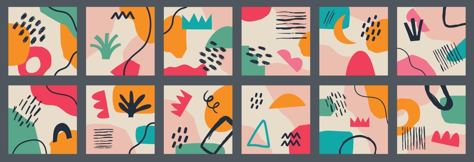 gran conjunto de varios fondos abstractos geométricos vectoriales. varias formas, líneas, manchas, puntos, objetos de doodle. plantillas dibujadas a mano. iconos redondos para historias de redes sociales vector