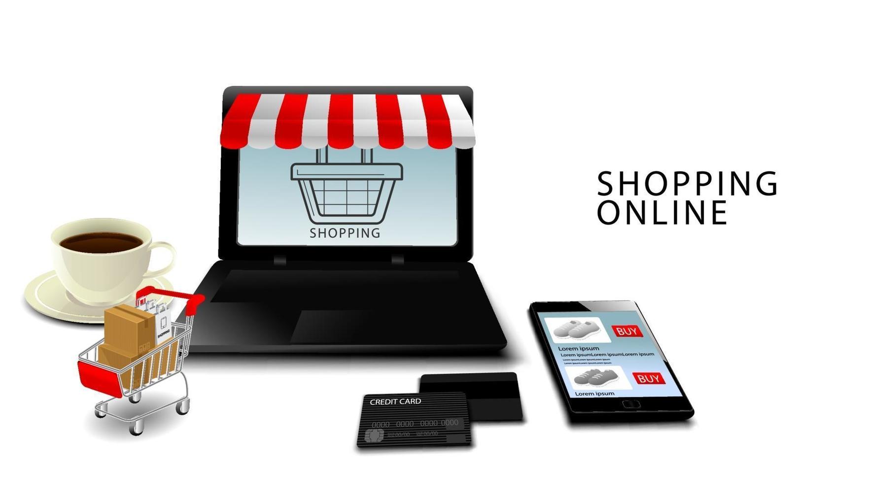 Online shopping concept, Smartphone and laptop with credit cards, Products on Cart with isolated white background vector
