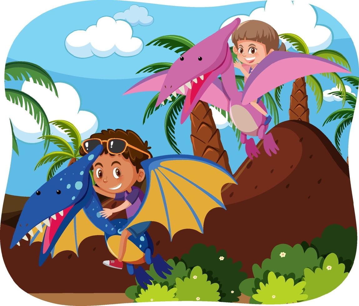 Niños felices con dinosaurios en el fondo de la naturaleza vector