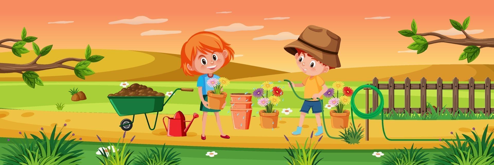 Kids gardening in nature scene vector