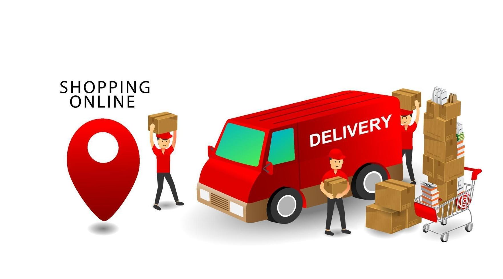 Online shopping concept, Services Team Delivery Workers, Products on Cart with isolated white background vector