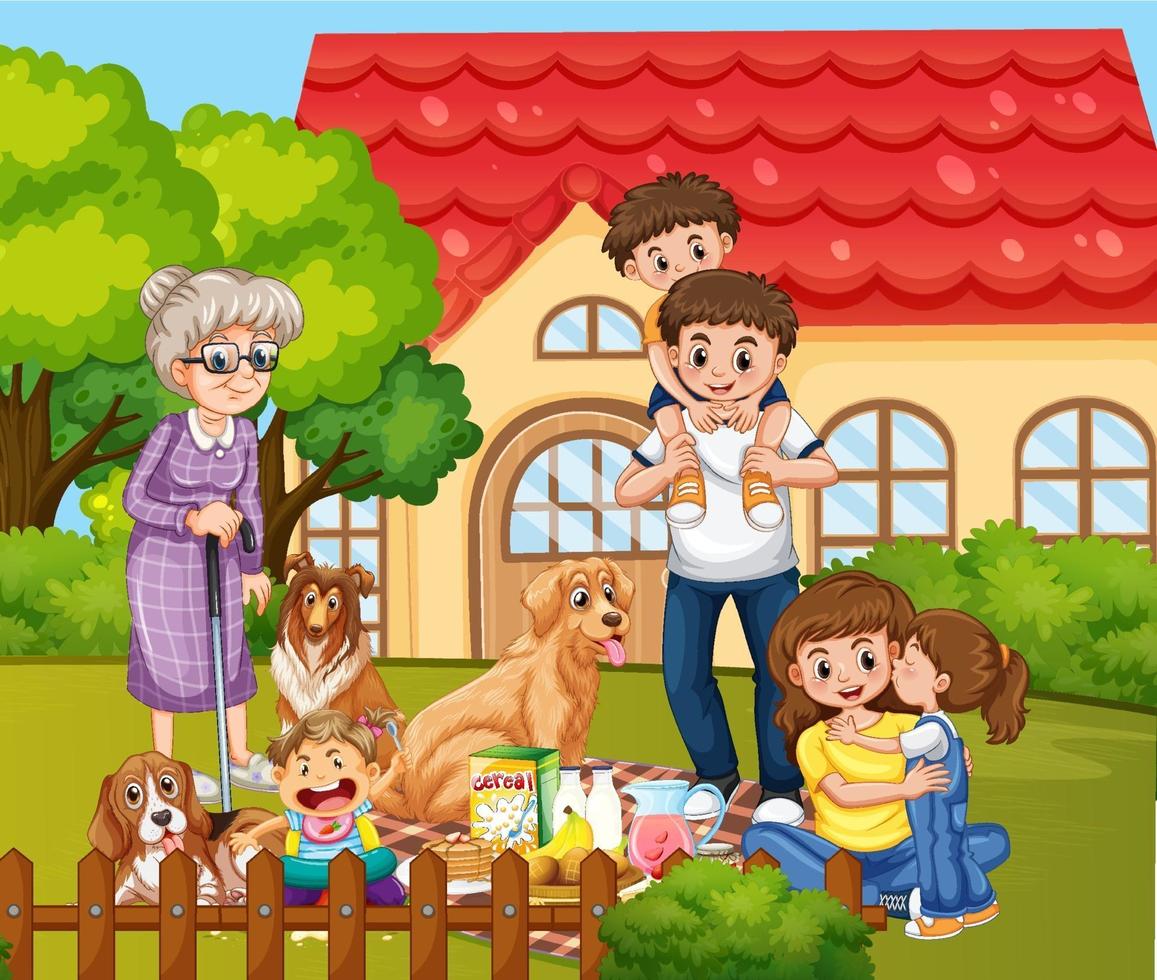 Happy family standing outside home with their pets vector