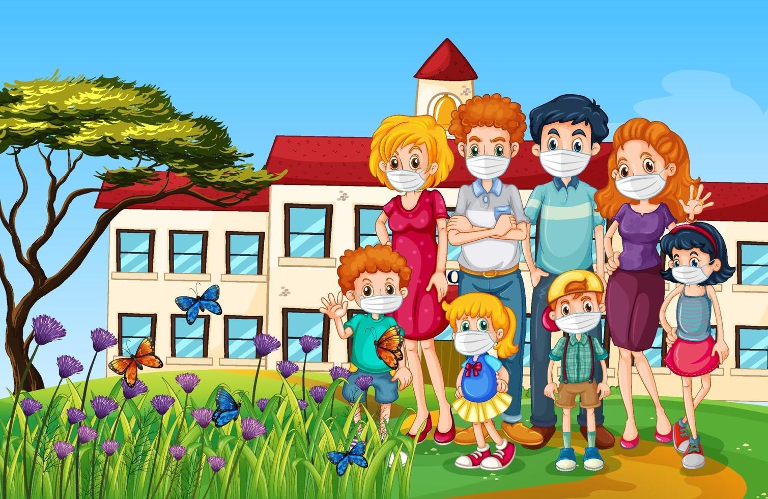 Outdoor scene with family wearing mask for prevent coronavirus vector