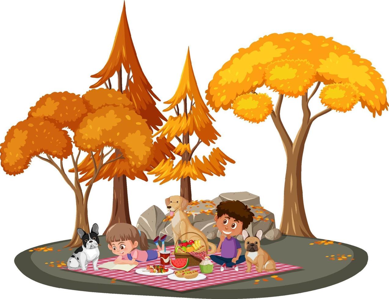 Children doing picnic in the park with many autumn trees vector