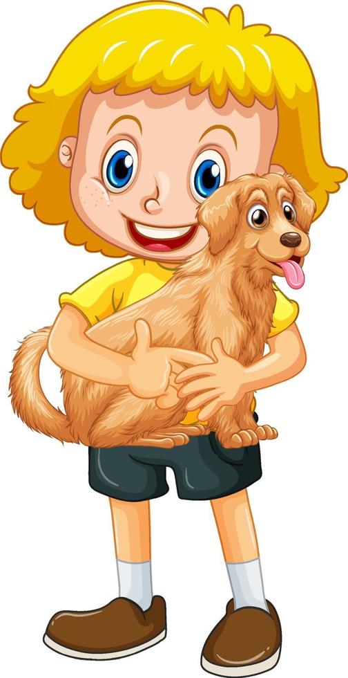 Happy girl cartoon character hugging a cute dog vector