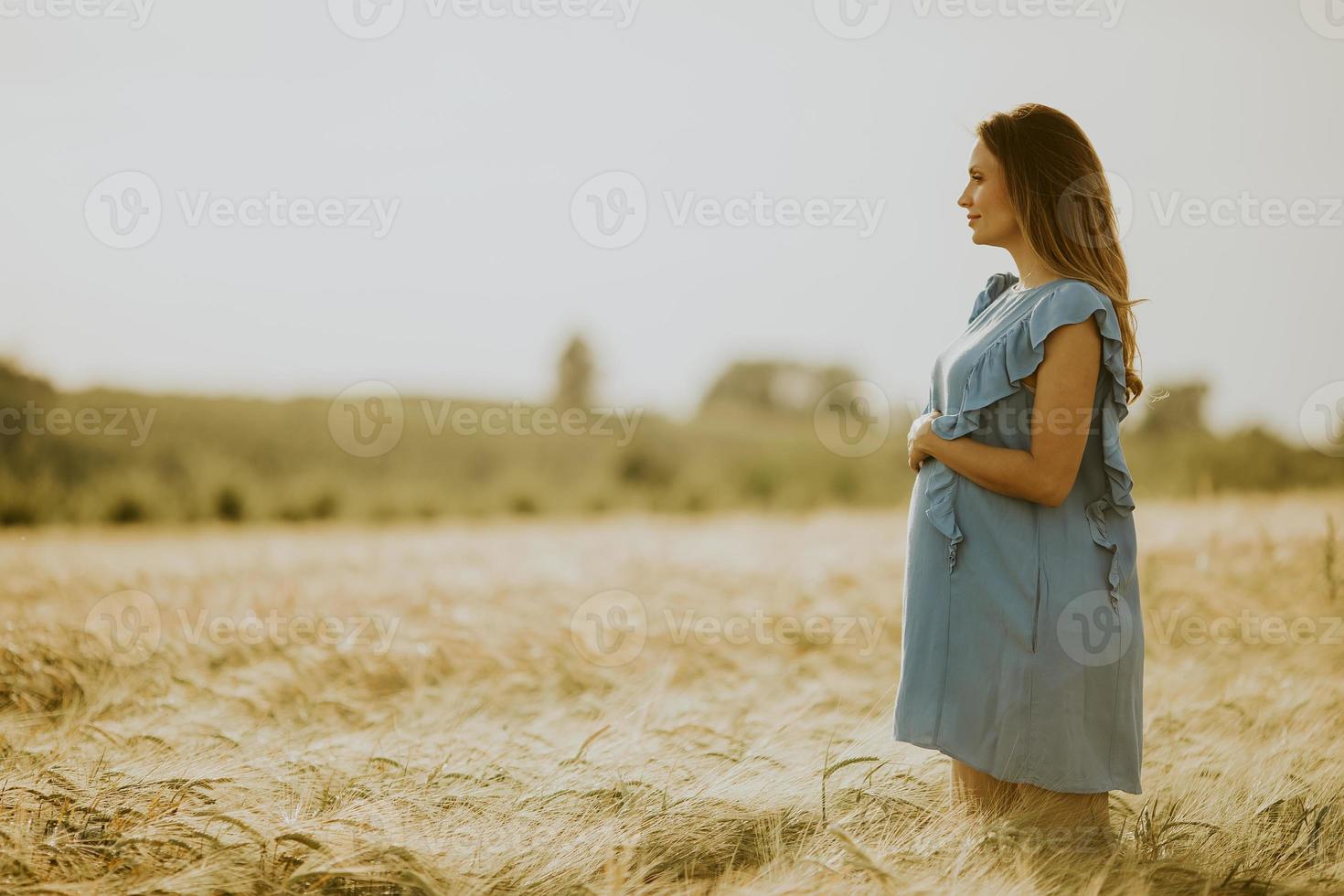 Young pregnant woman in blue dress relaxing outside in nature photo