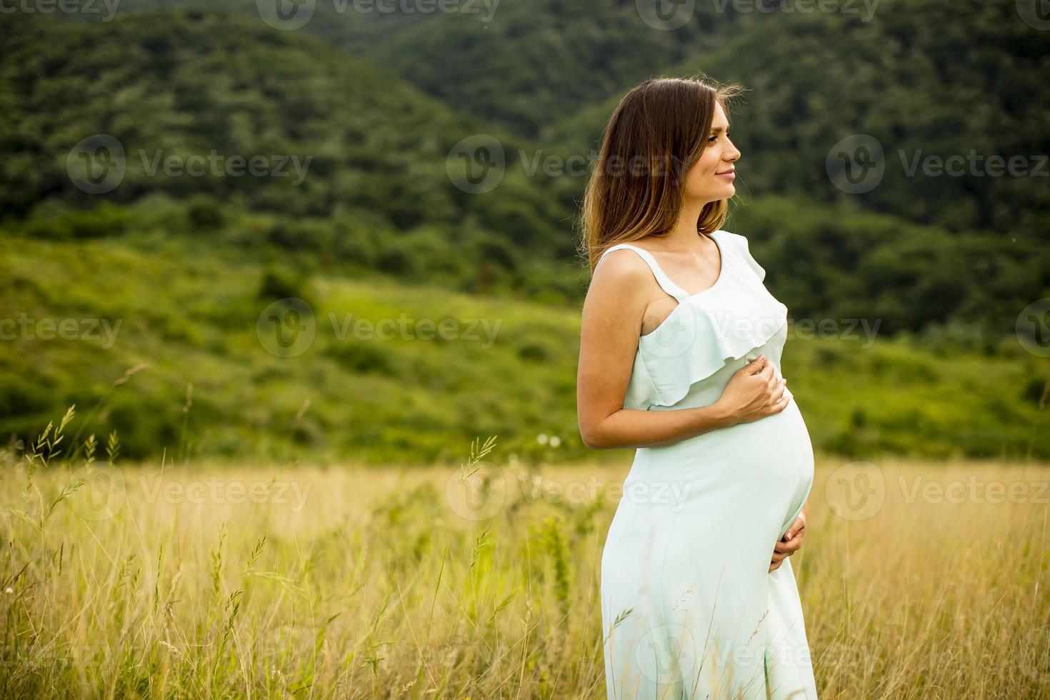 Young pregnant woman relaxing outside in nature photo