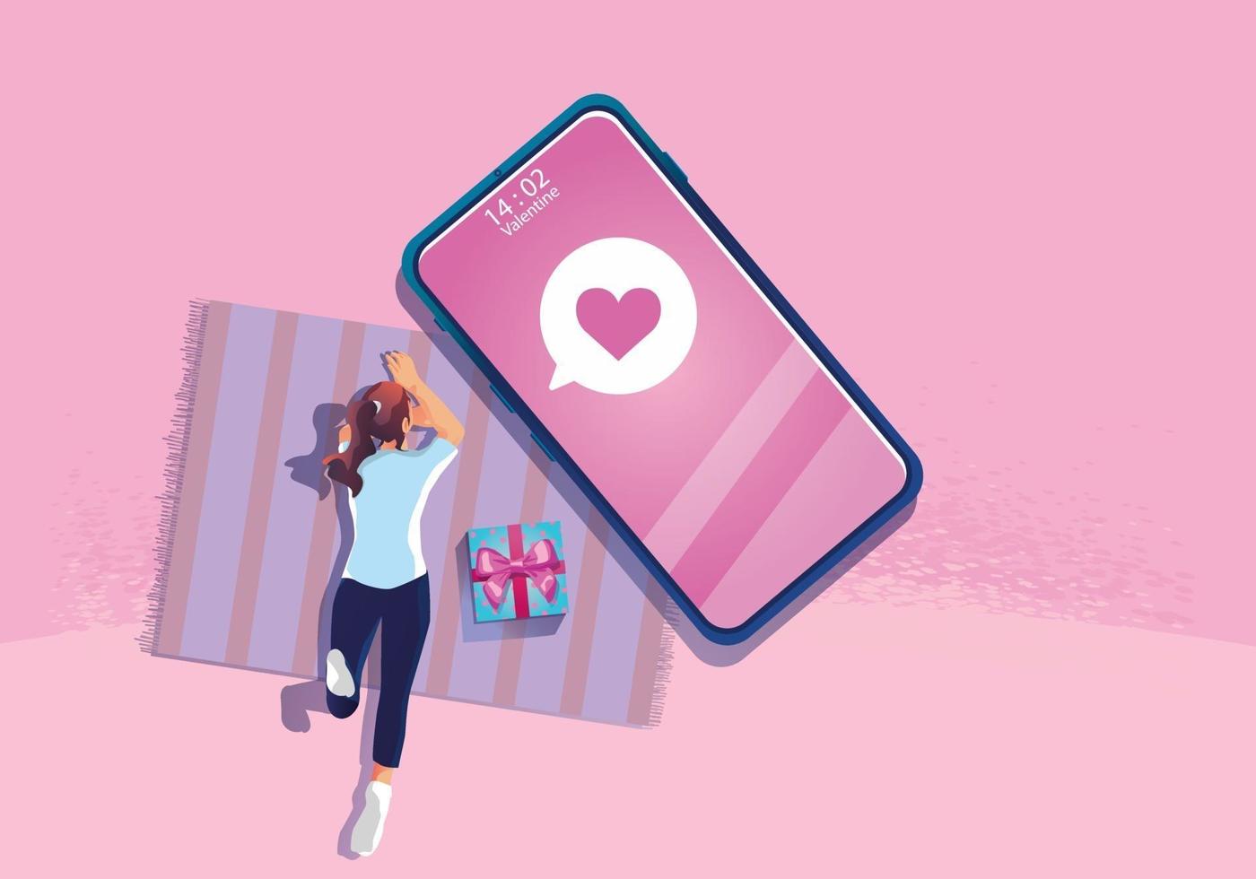 One Woman uses a smartphone Valentine's day Concept, Website or Mobile phone Application, Marketing, and Digital marketing. The message promotion smartphone,  Vector flat Design illustration