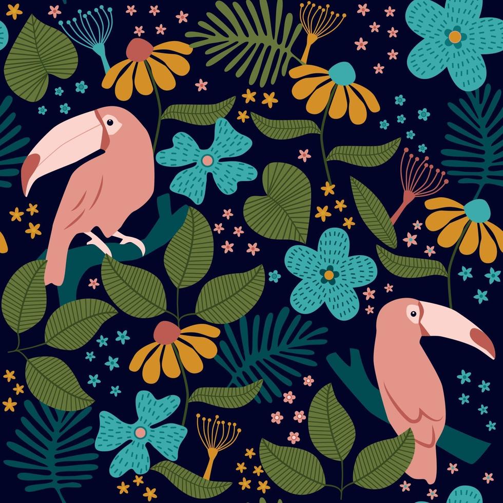 Seamless tropical pattern of toucans, flowers, palms and leaves on black background. vector