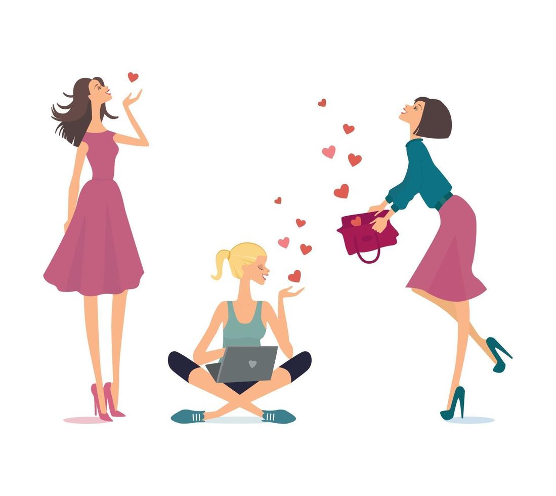 tarjeta de tres mujeres jóvenes enamoradas de corazones. ilustración vectorial. vector