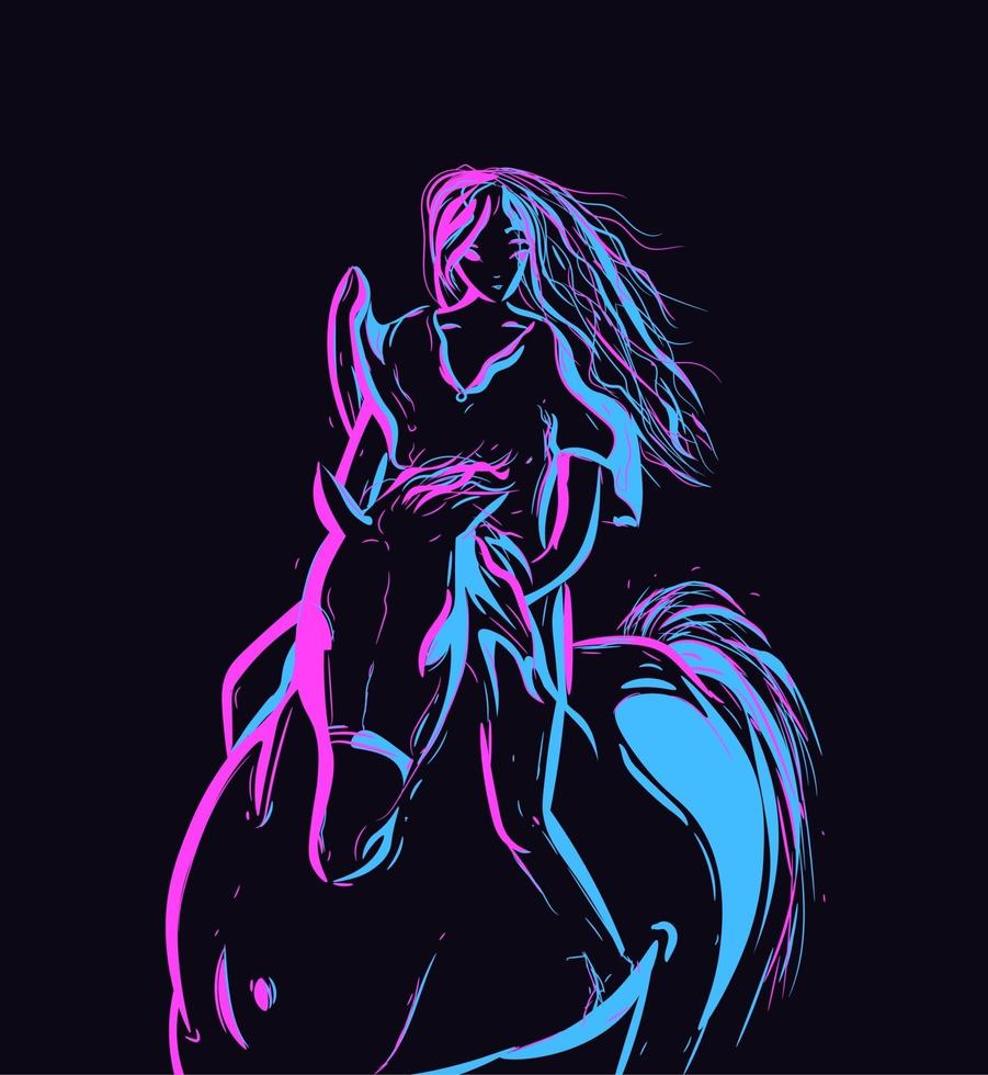 arte conceptual de neón con una silueta de mujer a caballo. Ilustración plana de campeonato para derby. vector