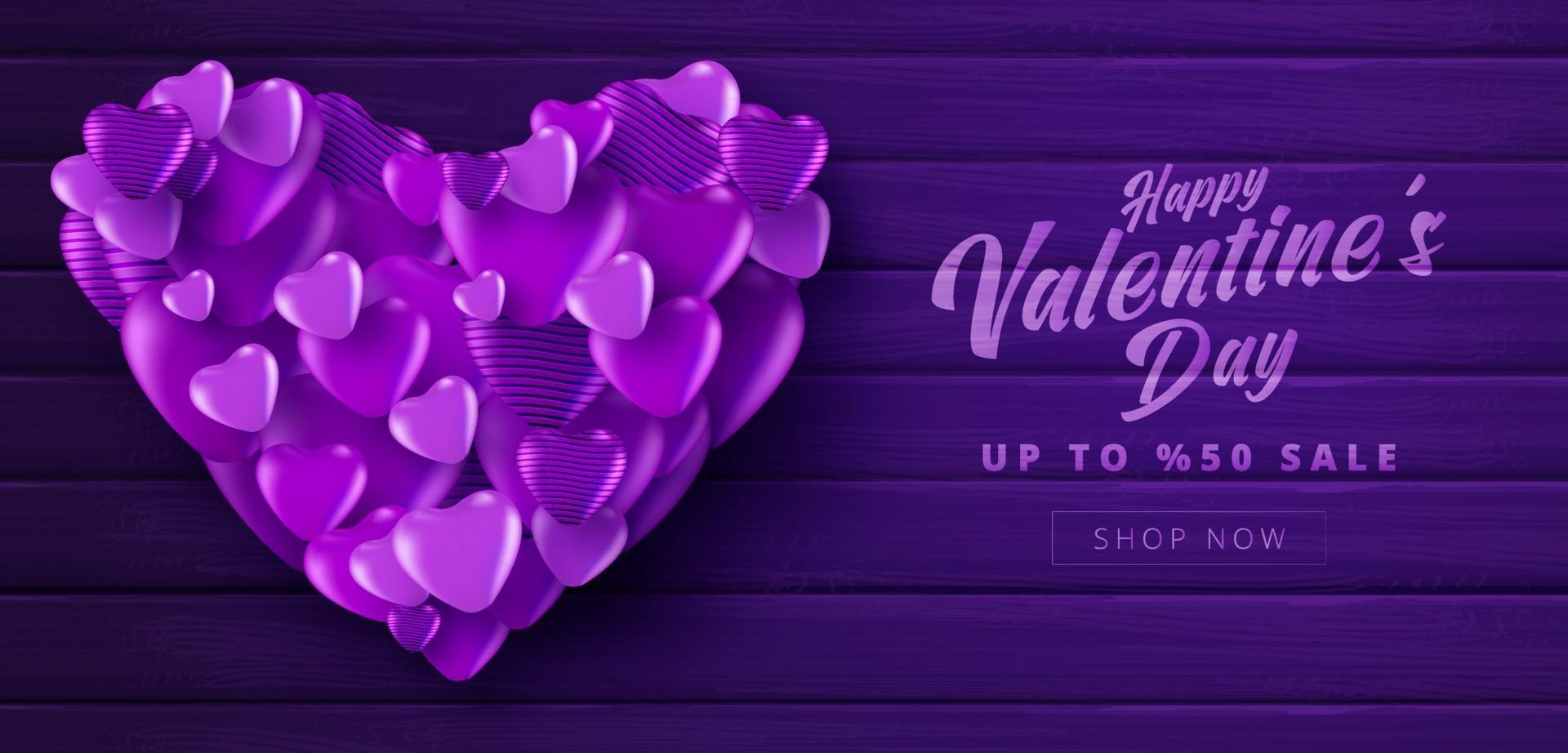 Cartel de venta del día de San Valentín o pancarta con color púrpura muchos corazones dulces sobre fondo de color púrpura con textura de madera. plantilla de promoción y compra o por amor y san valentín. vector