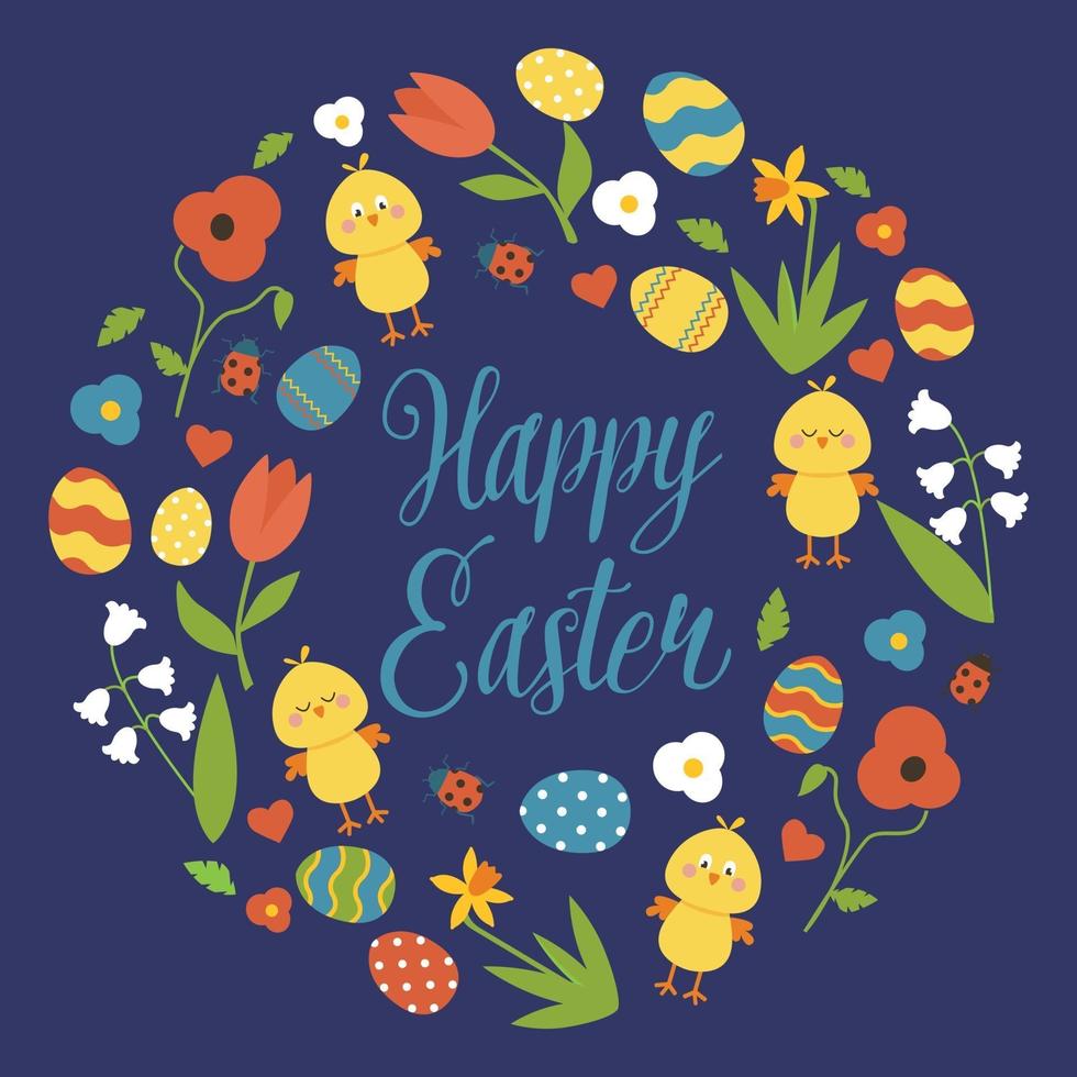 Happy Easter wreath with flowers, eggs, chicks on blue background. Vector illustration.